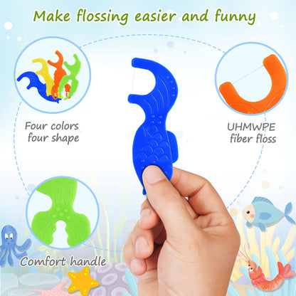Dacon Kids Flossers – Fluoride-Free Unflavored Dental Floss Picks, 4 Ocean Animal Shapes (50 Count Pack of 3)