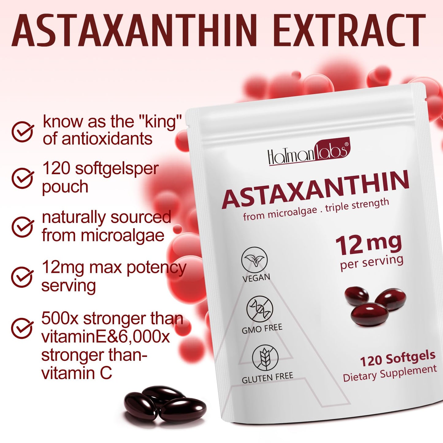 Daiasns Astaxanthin 12mg - 120 Softgels | 4 Month Supply | Non-GMO
