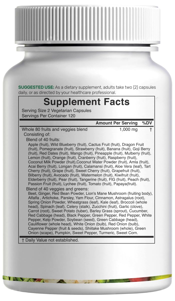 Nature's Fruits & Veggies Supplement – 240 Veggie Capsules, 80 Superfoods, 40 Fruits & 40 Greens – Non-GMO, Gluten Free