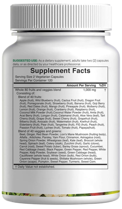 Nature's Fruits & Veggies Supplement – 240 Veggie Capsules, 80 Superfoods, 40 Fruits & 40 Greens – Non-GMO, Gluten Free