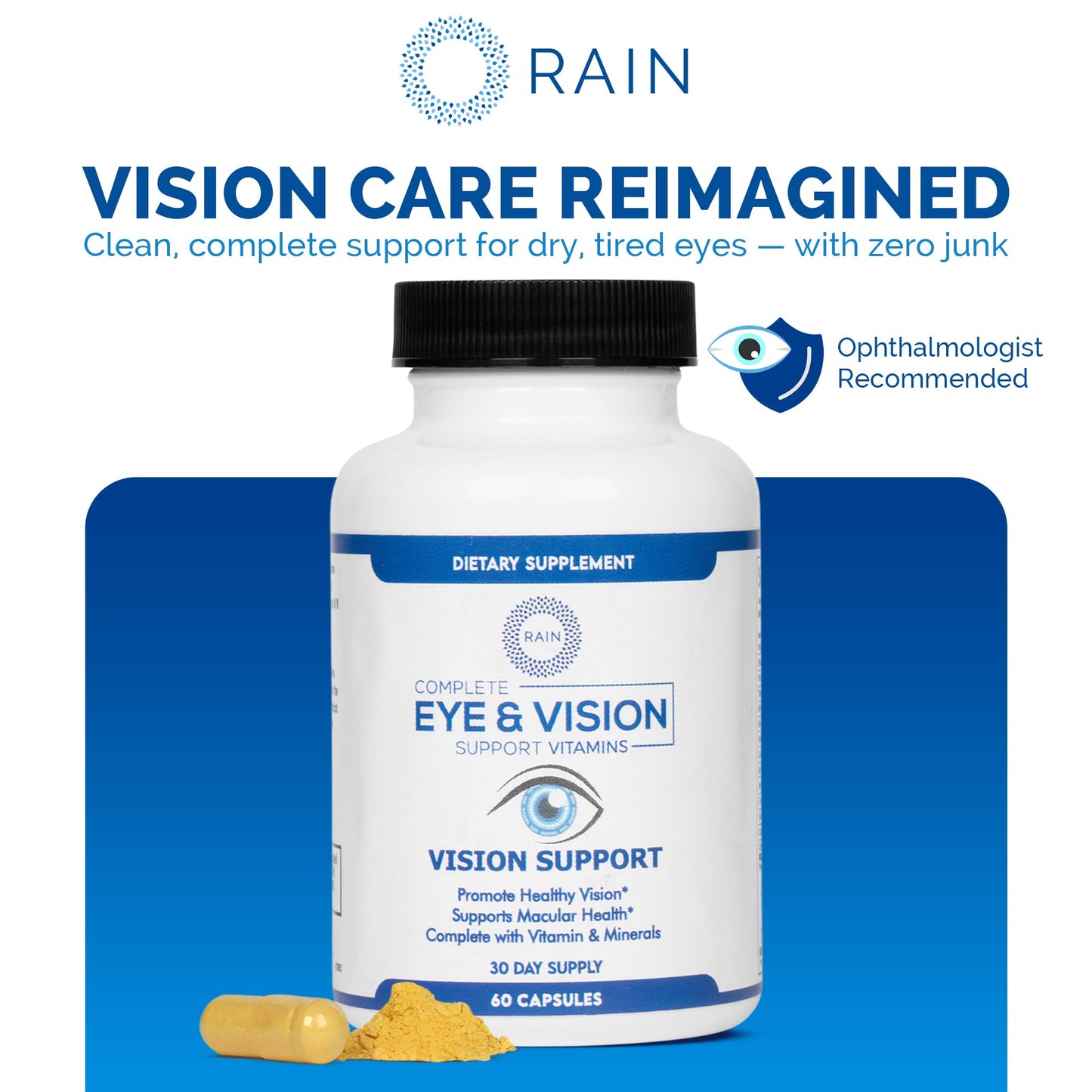 Rain Eye Vitamins & Vision Supplements for Adults – Eye Comfort and Vision Support – Lutein and Zeaxanthin Eye Supplements for Macular Health – 60 Veggie Capsules