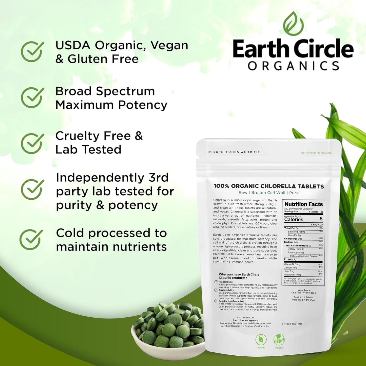 Organic Chlorella Tablets 1,000 Count | High Potency Superfood | Vegan, Kosher, Non-GMO