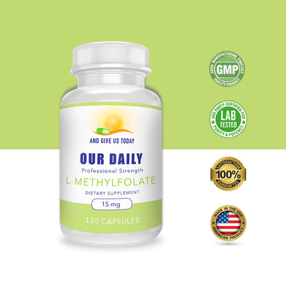 Daily L-Methylfolate 15 mg / 15000 mcg – 5-MTHF, Filler Free, Gluten Free, Non-GMO, Vegetarian Capsules (120) – 4 Months Supply
