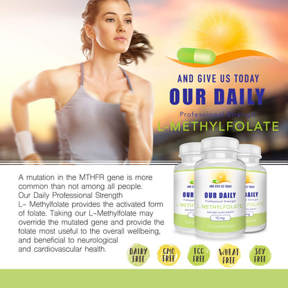 Daily L-Methylfolate 15 mg / 15000 mcg – 5-MTHF, Filler Free, Gluten Free, Non-GMO, Vegetarian Capsules (120) – 4 Months Supply