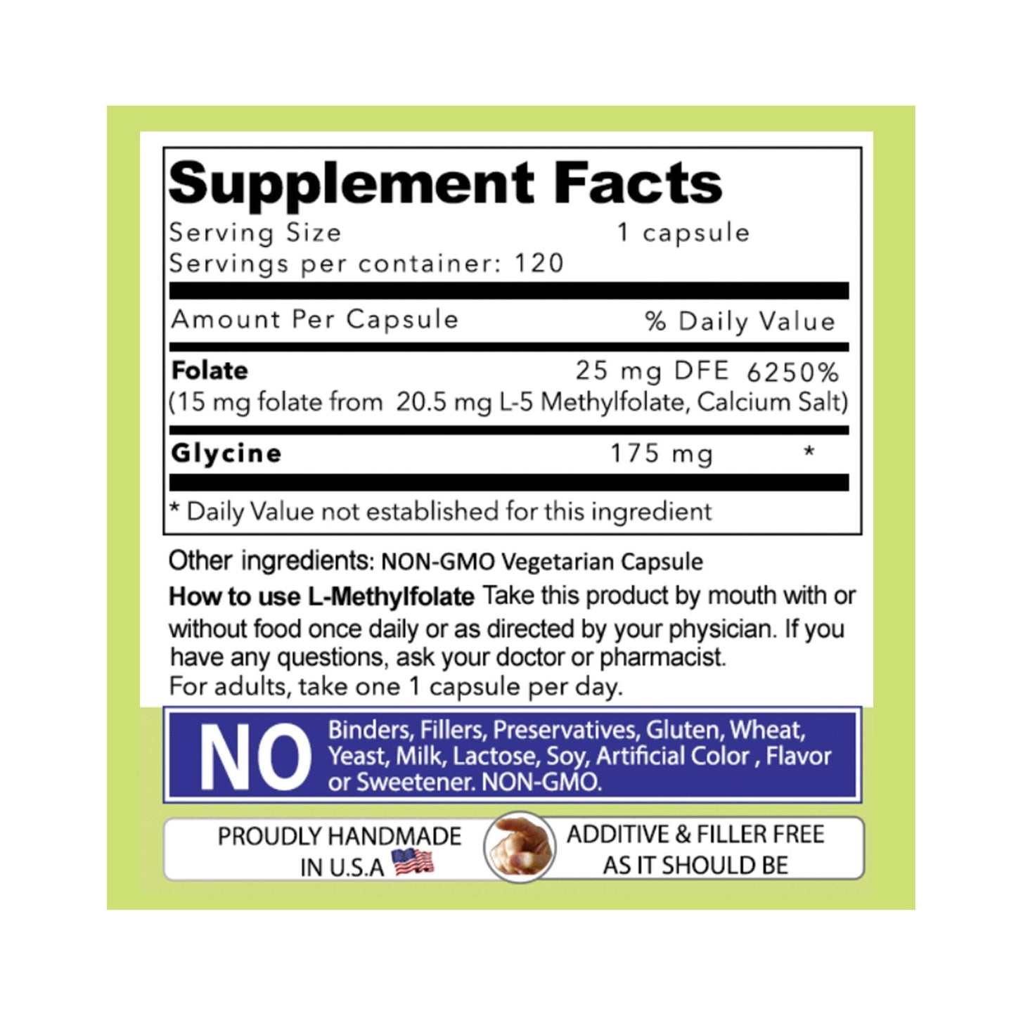 Daily L-Methylfolate 15 mg / 15000 mcg – 5-MTHF, Filler Free, Gluten Free, Non-GMO, Vegetarian Capsules (120) – 4 Months Supply