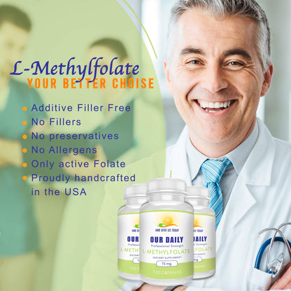 Daily L-Methylfolate 15 mg / 15000 mcg – 5-MTHF, Filler Free, Gluten Free, Non-GMO, Vegetarian Capsules (120) – 4 Months Supply