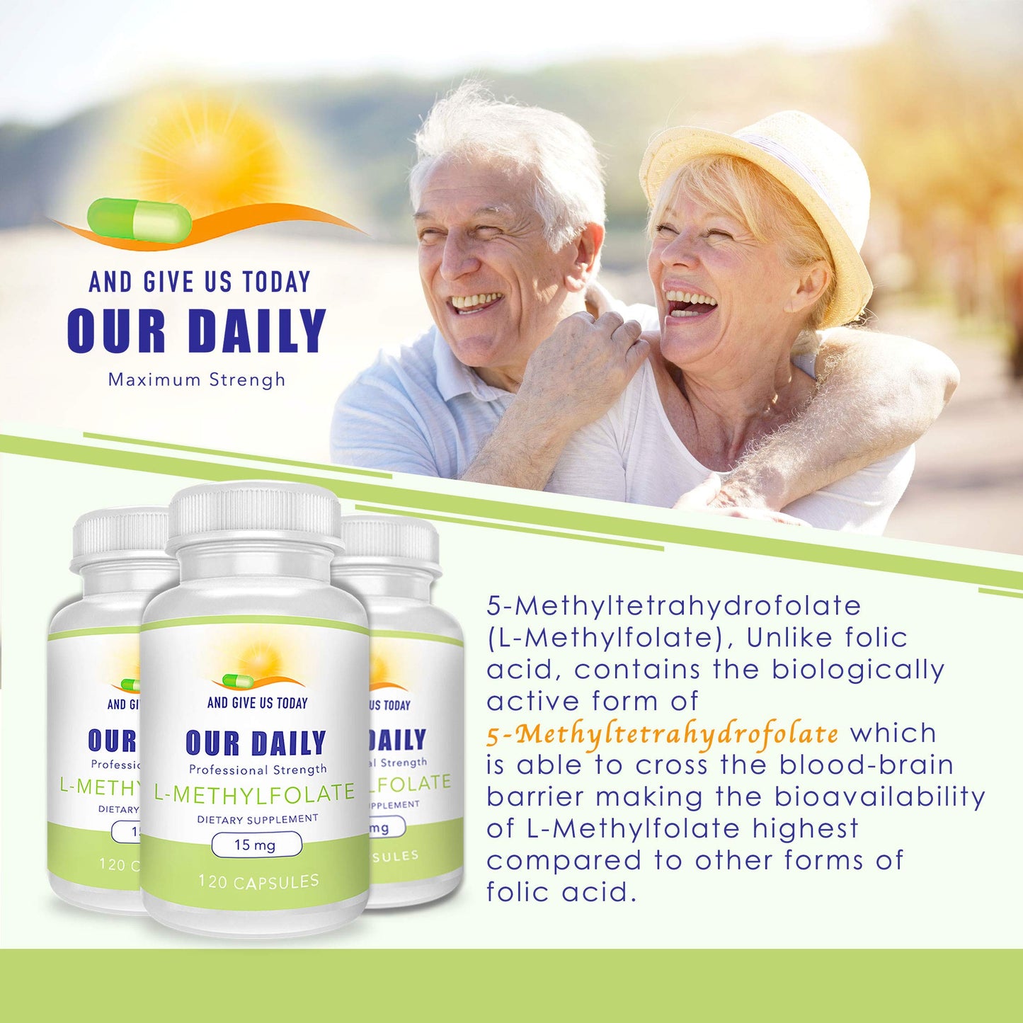 Daily L-Methylfolate 15 mg / 15000 mcg – 5-MTHF, Filler Free, Gluten Free, Non-GMO, Vegetarian Capsules (120) – 4 Months Supply