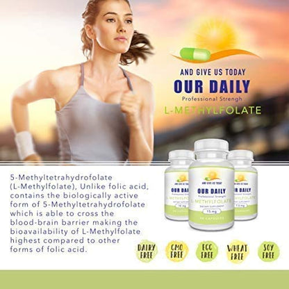 Daily L-Methylfolate 15mg – 2 Bottles (180 Capsules) | 5-MTHF, Non-GMO, Gluten Free