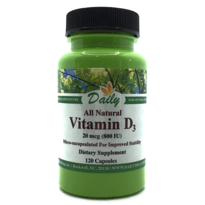Daily Manufacturing Vitamin D3 800 IU (20 mcg) – Non-GMO, Gluten Free, Kosher – 120 Veg Capsules