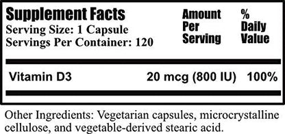 Daily Manufacturing Vitamin D3 800 IU (20 mcg) – Non-GMO, Gluten Free, Kosher – 120 Veg Capsules