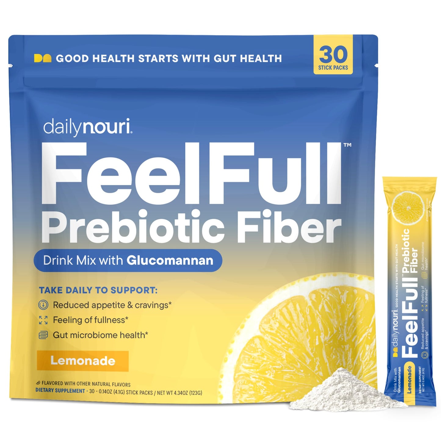 Daily Nouri FeelFull Prebiotic Fiber Drink Mix | Supports Natural Fullness, Appetite & Cravings Control, Gut & Metabolic Health | Oligofructose, Glucomannan & Chromium | 30 Stick Packs