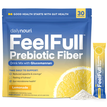 Daily Nouri FeelFull Prebiotic Fiber Drink Mix | Supports Natural Fullness, Appetite & Cravings Control, Gut & Metabolic Health | Oligofructose, Glucomannan & Chromium | 30 Stick Packs