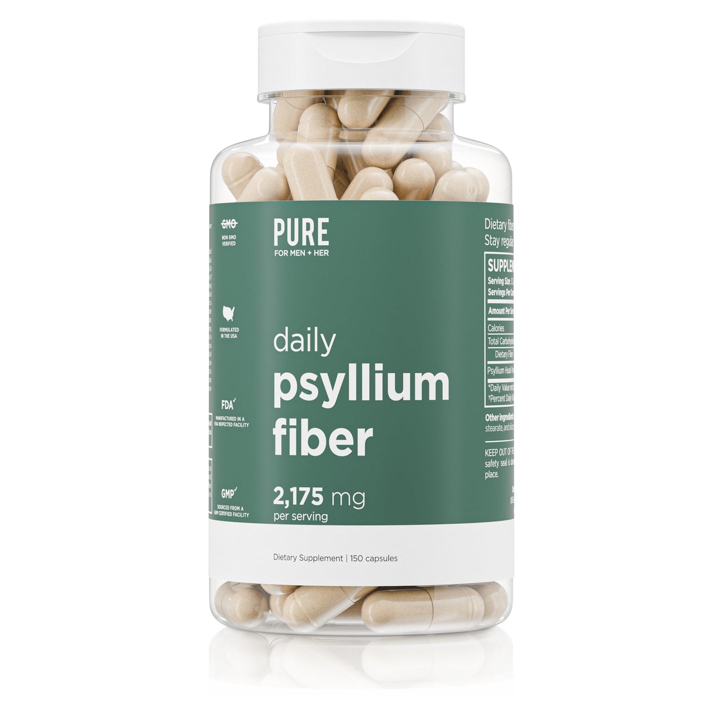 Psyllium Husk Fiber Supplement – Daily Digestive Health & Regularity, 2,175mg per Serving, 150 Capsules | Pure for Men & Pure for Her