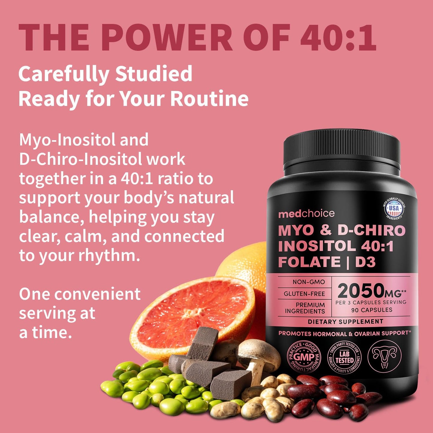 4-in-1 Inositol for Women | 40:1 Myo-Inositol & D-Chiro + Folate + Vitamin D3 (90 Count) - Vegan