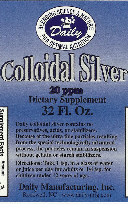 Daily Manufacturing Colloidal Silver 20 ppm – 32 oz Amber Glass Bottle | No Preservatives