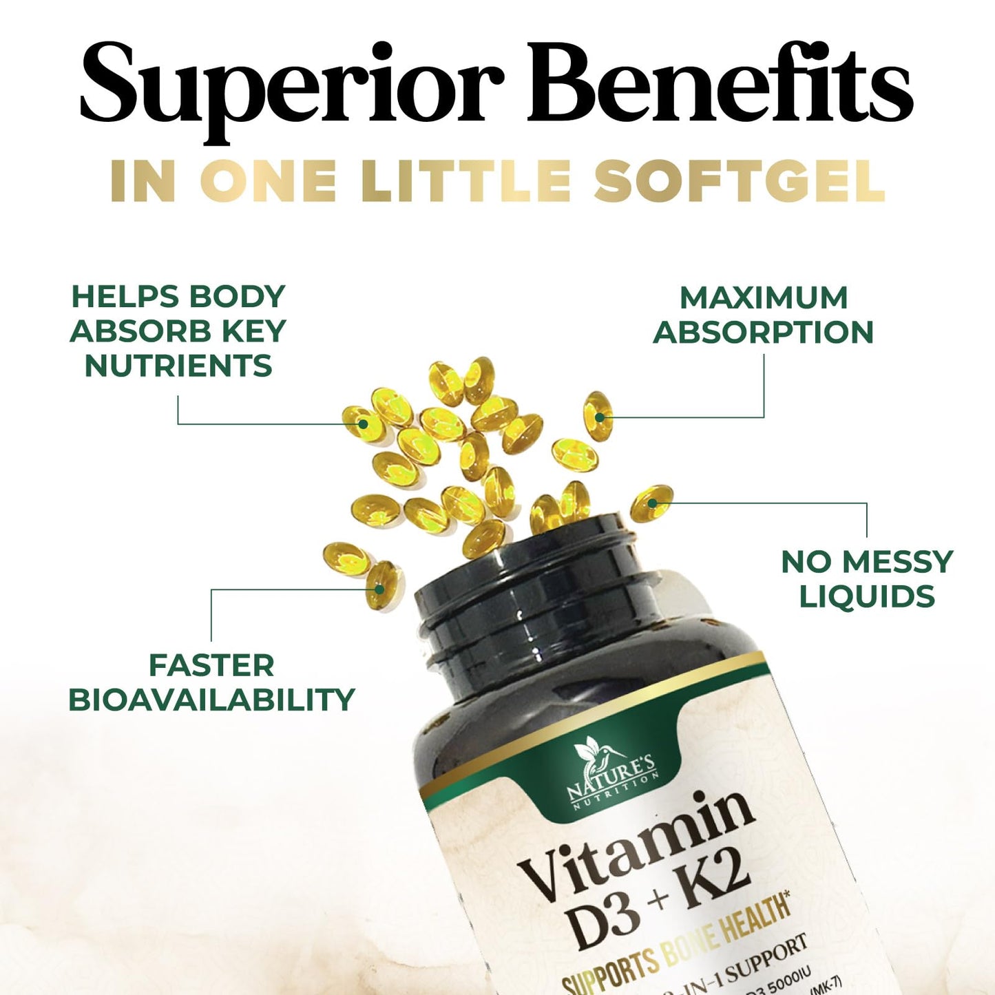 Vitamin D3 K2 5000 IU Plus MK-7 100 mcg – Bone, Immune & Heart Health | 120 Softgels