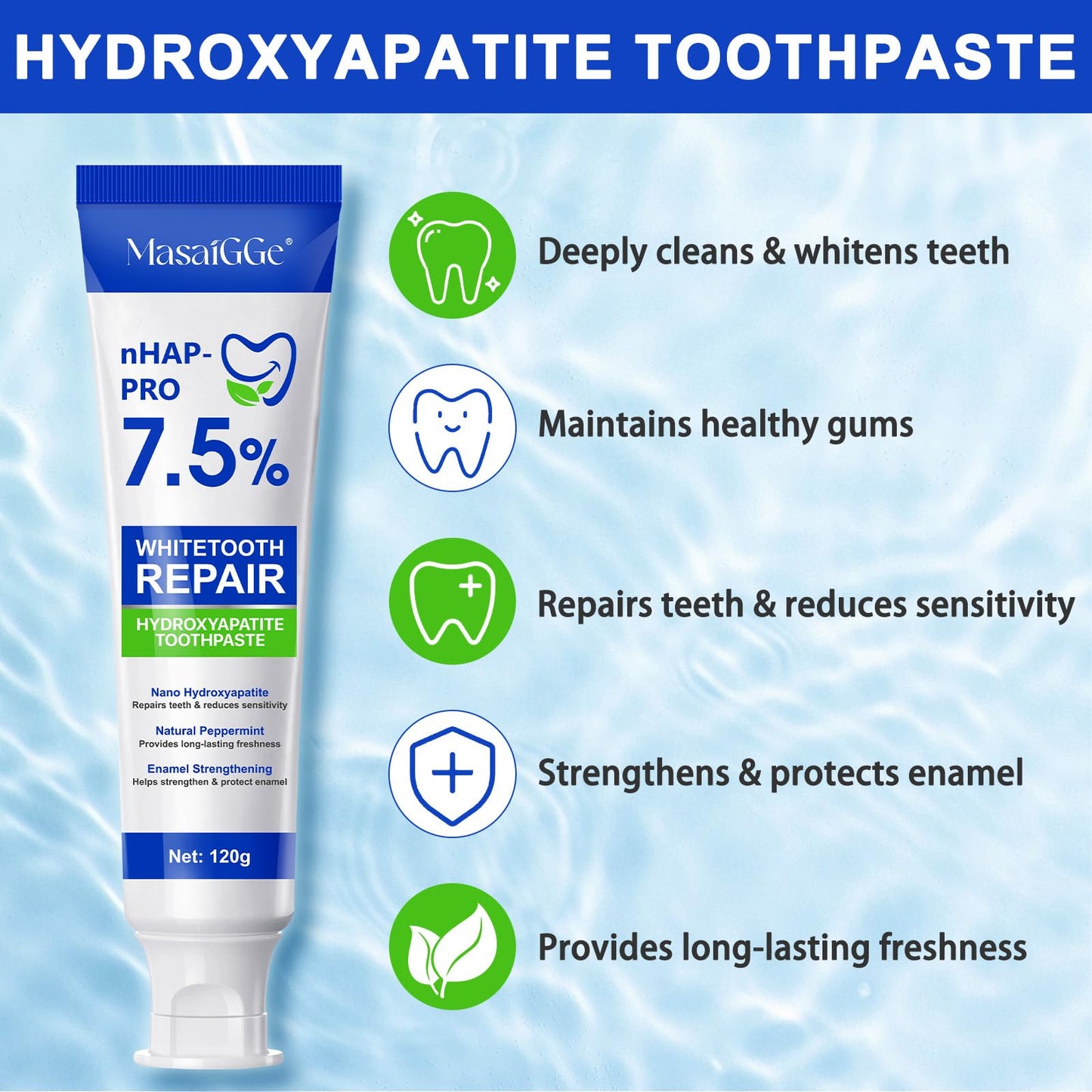 7.5% Hydroxyapatite Toothpaste for Enamel Protection, Tooth Strengthening, Gentle Mint | Fresh Breath & Daily Use