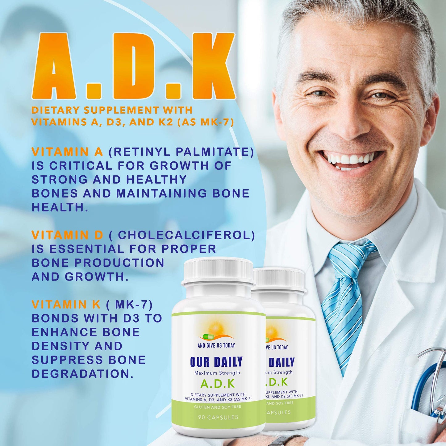Daily Vites ADK Vitamin Supplement 5000 IU – 90 Caps (90 Day Supply) – High Potency A, D3 & K2-MK7 | Non-GMO, Gluten Free