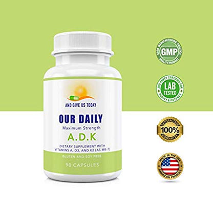 Daily Vites ADK Vitamin Supplement 5000 IU – 90 Caps (90 Day Supply) – High Potency A, D3 & K2-MK7 | Non-GMO, Gluten Free