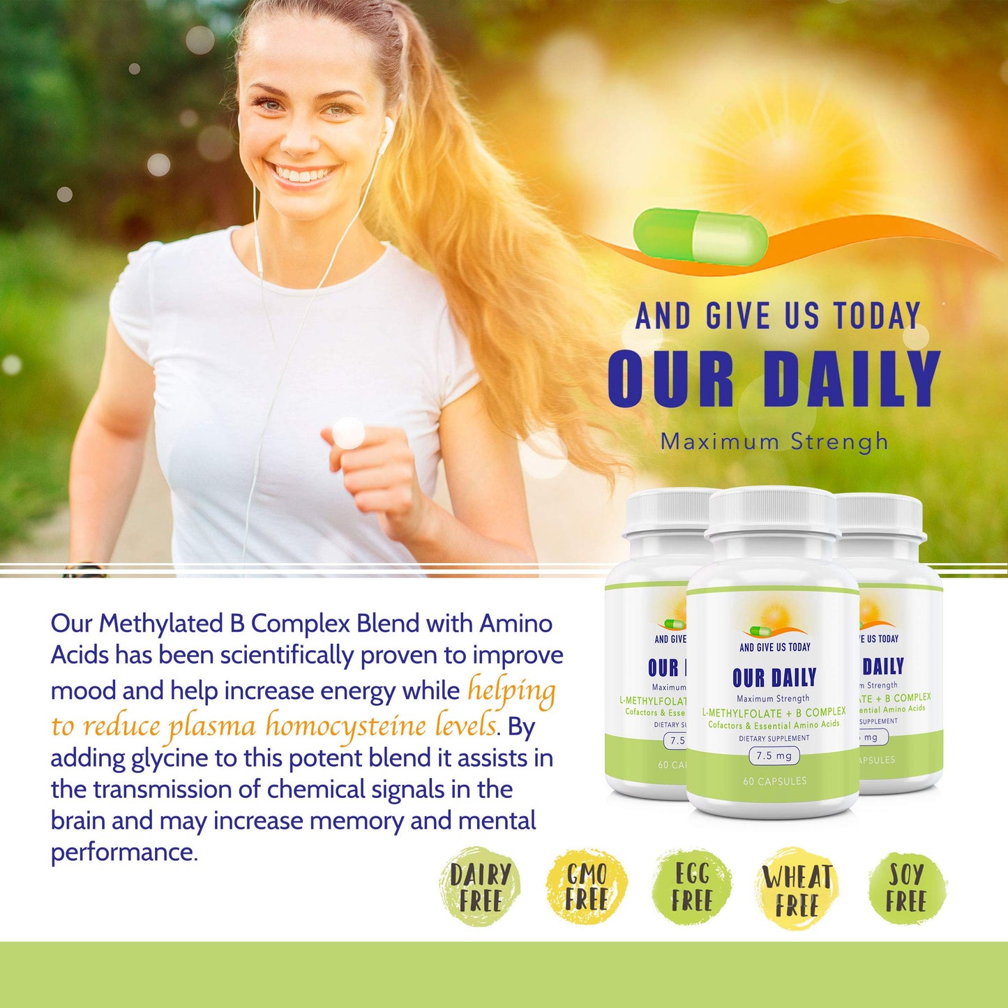 Our Daily Vites L-Methylfolate B Complex Co-factors & Essential Amino Acids (7.5mg) – Active Folate, Methylated B12 Methylcobalamin, B6 & Glycine – 60 Count