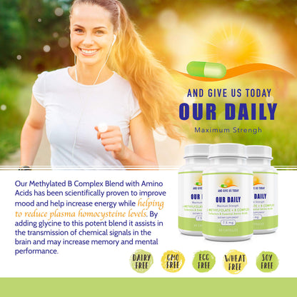 Our Daily Vites L-Methylfolate B Complex Co-factors & Essential Amino Acids (7.5mg) – Active Folate, Methylated B12 Methylcobalamin, B6 & Glycine – 60 Count