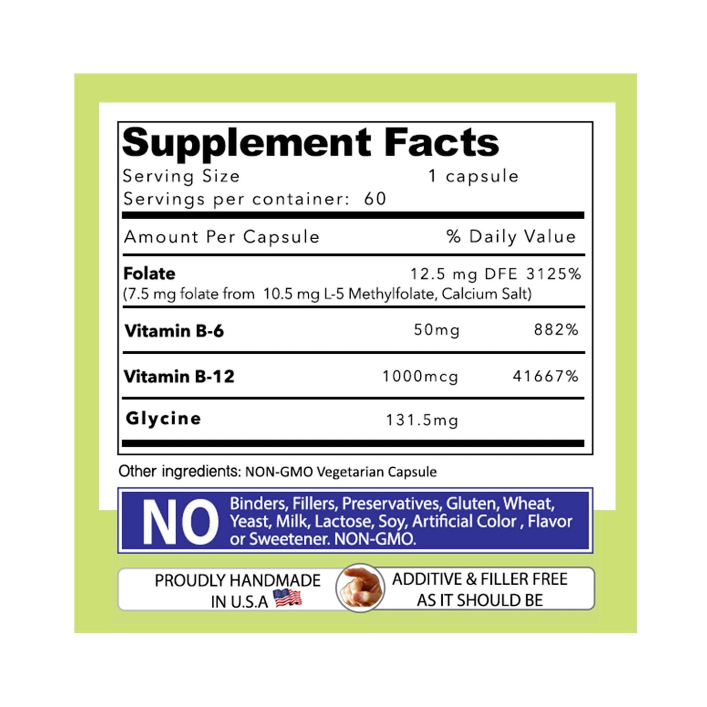 Our Daily Vites L-Methylfolate B Complex Co-factors & Essential Amino Acids (7.5mg) – Active Folate, Methylated B12 Methylcobalamin, B6 & Glycine – 60 Count