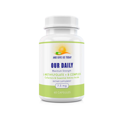 Our Daily Vites L-Methylfolate B Complex Co-factors & Essential Amino Acids (7.5mg) – Active Folate, Methylated B12 Methylcobalamin, B6 & Glycine – 60 Count