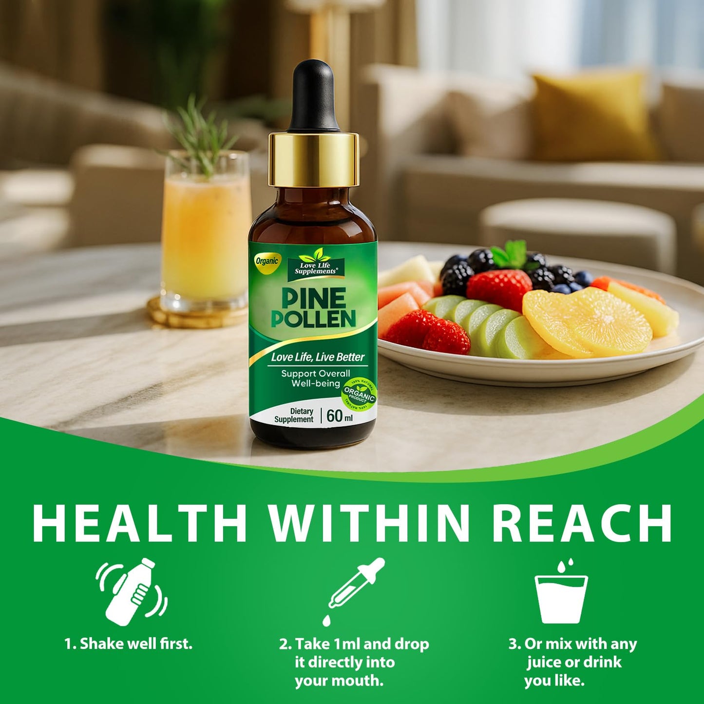Pine Pollen Tincture Drops - Immune & Energy Support | Sugar-Free Vegan 60mL | Love Life Supplements