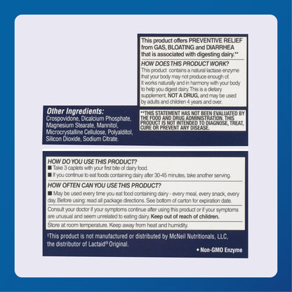 Dairy Aid Lactase Enzyme Caplets (Lactaid Original) 9000 FCC, 120 Ea