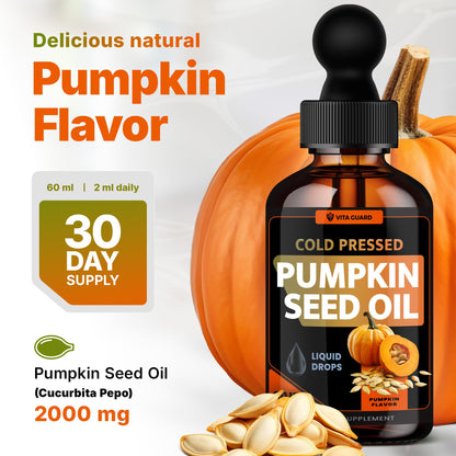Vita Guard Cold Pressed Pumpkin Seed Oil Liquid Drops – 2000mg per Serving | Vegan, Gluten-Free, Non-GMO | Hair, Skin & Prostate Support | Natural Pumpkin Flavor | 60ml Dietary Supplement