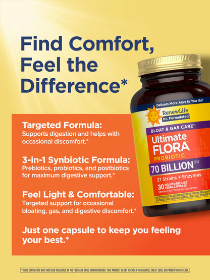 Renew Life Ultimate Flora Probiotics 70 Billion CFU – Gas & Bloat, Delayed Release Vegan Capsules (30 Count)