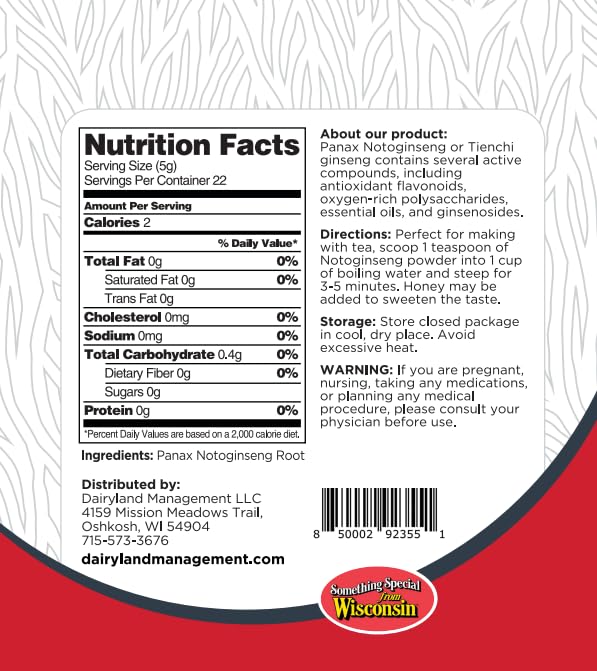Dairyland Ginseng - Premium Panax Notoginseng Powder (4 oz) – 100% Natural Tien Chi Root Powder | Gluten Free, Non-GMO