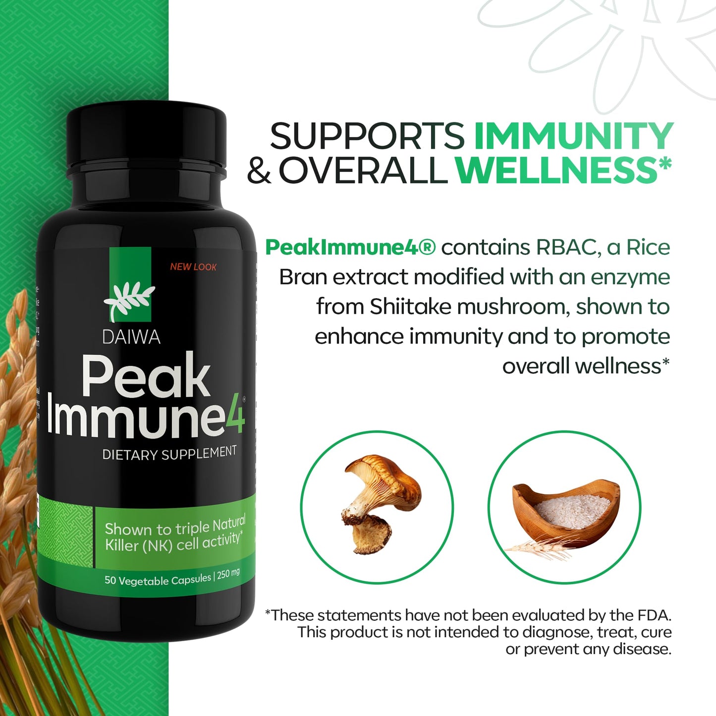 Daiwa PeakImmune4® – Immune Support Supplement for Adults with Rice Bran Arabinoxylan Compound (RBAC) and Shiitake Mushroom Enzyme – 50 Capsules