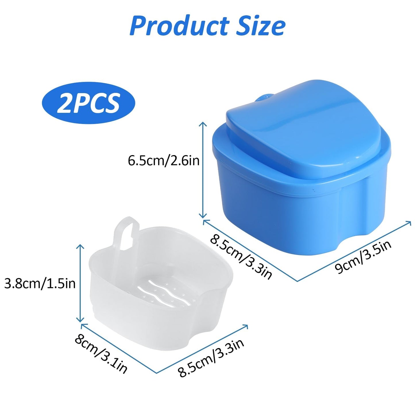 DAJISI 2-Pack Denture Case with Strainer Basket – Soaking Cups for Full & Partial Dentures (Blue & White)