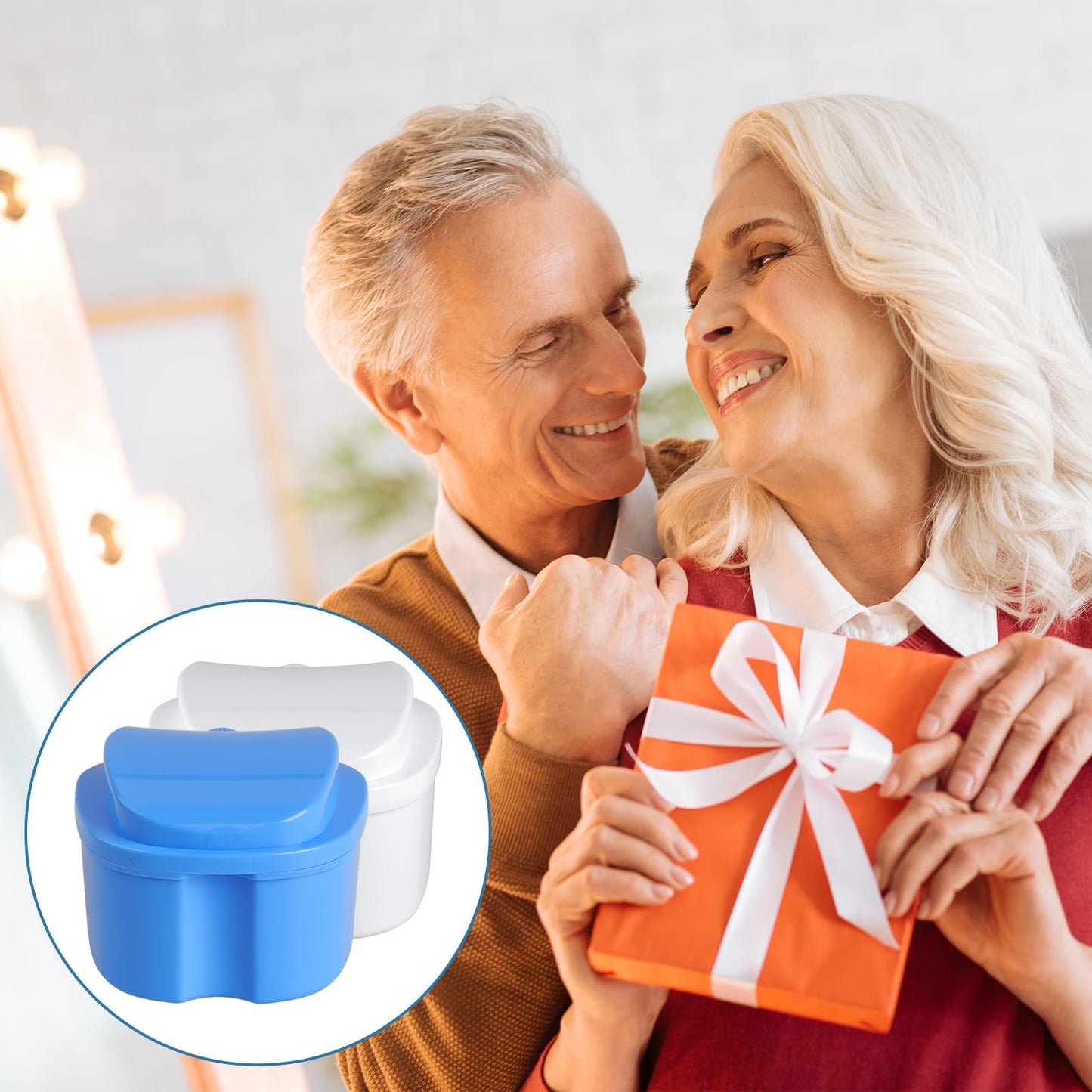 DAJISI 2-Pack Denture Case with Strainer Basket – Soaking Cups for Full & Partial Dentures (Blue & White)