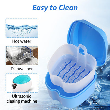 DAJISI 2-Pack Denture Case with Strainer Basket – Soaking Cups for Full & Partial Dentures (Blue & White)