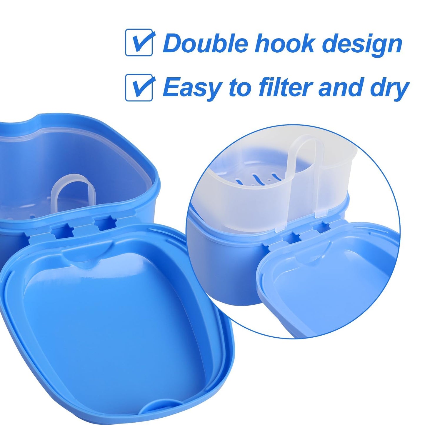 DAJISI 2-Pack Denture Case with Strainer Basket – Soaking Cups for Full & Partial Dentures (Blue & White)