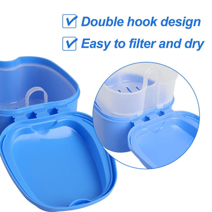 DAJISI 2-Pack Denture Case with Strainer Basket – Soaking Cups for Full & Partial Dentures (Blue & White)
