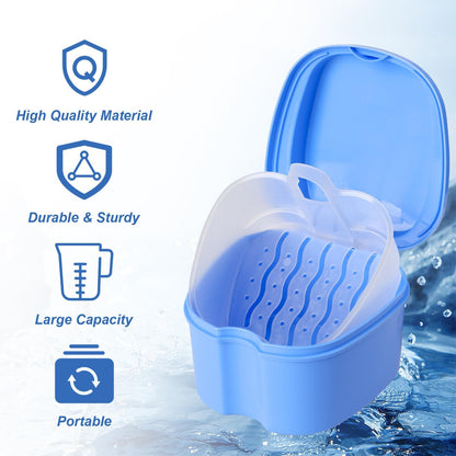 DAJISI 2-Pack Denture Case with Strainer Basket – Soaking Cups for Full & Partial Dentures (Blue & White)
