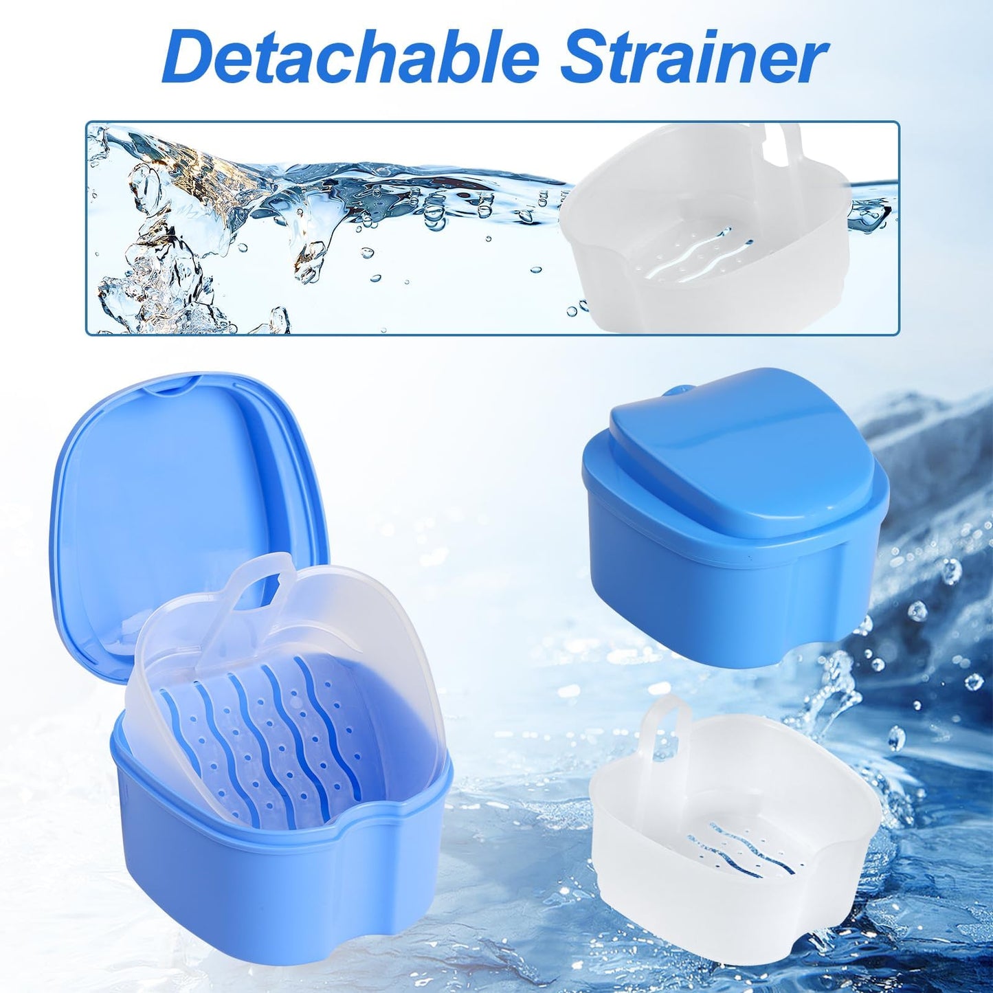 DAJISI 2-Pack Denture Case with Strainer Basket – Soaking Cups for Full & Partial Dentures (Blue & White)