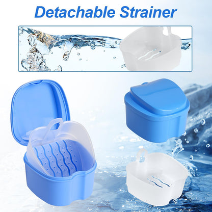 DAJISI 2-Pack Denture Case with Strainer Basket – Soaking Cups for Full & Partial Dentures (Blue & White)
