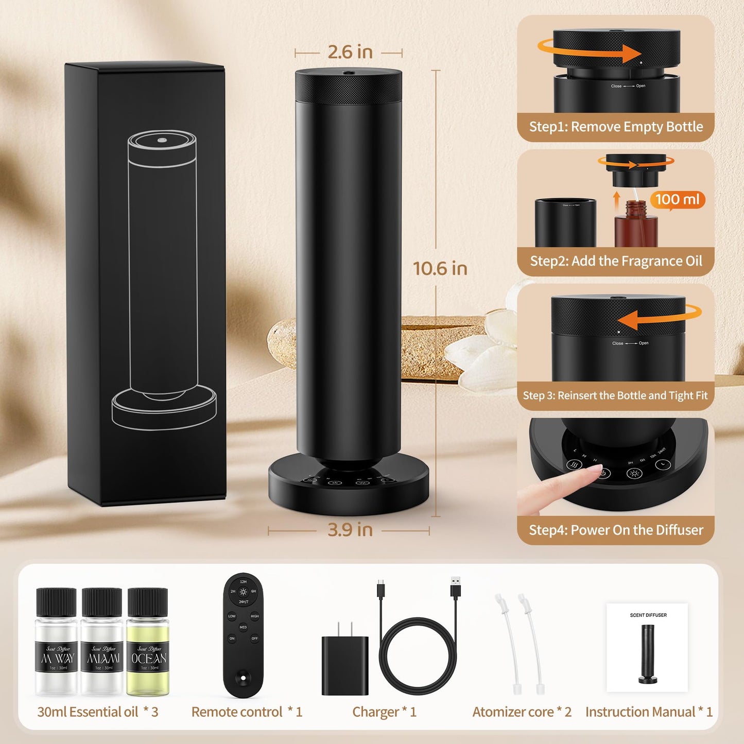 Dakomoda Waterless Diffuser — 90ml Oils, 1000 sq ft Coverage, Night Light | Starter Kit (Black)