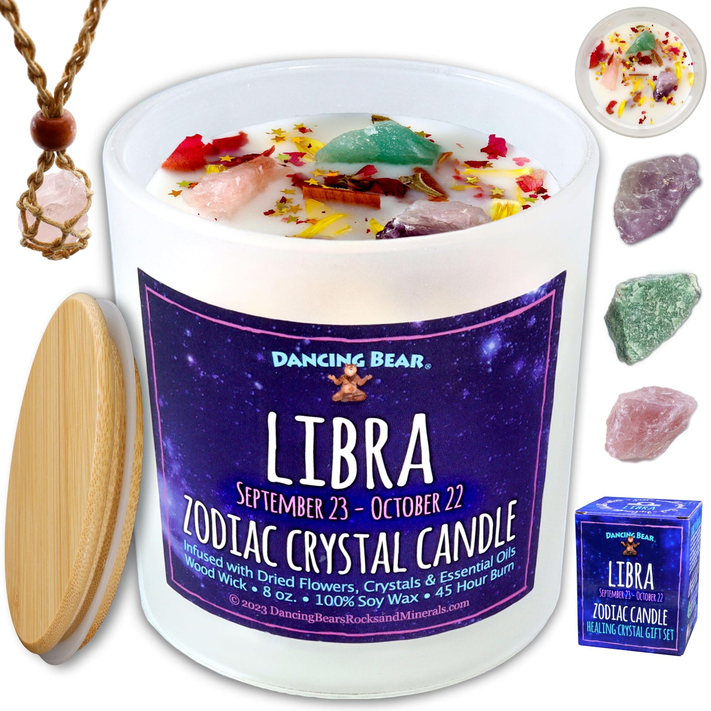 DANCING BEAR Libra Zodiac Candle Gift Box – 3 Crystals, 45h Burn, Soy Wax