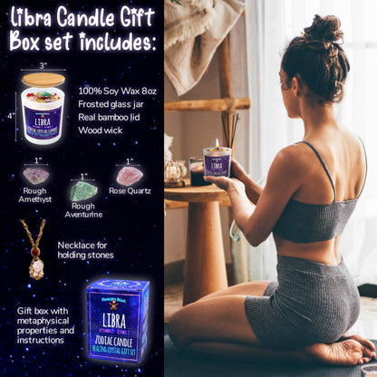 DANCING BEAR Libra Zodiac Candle Gift Box – 3 Crystals, 45h Burn, Soy Wax