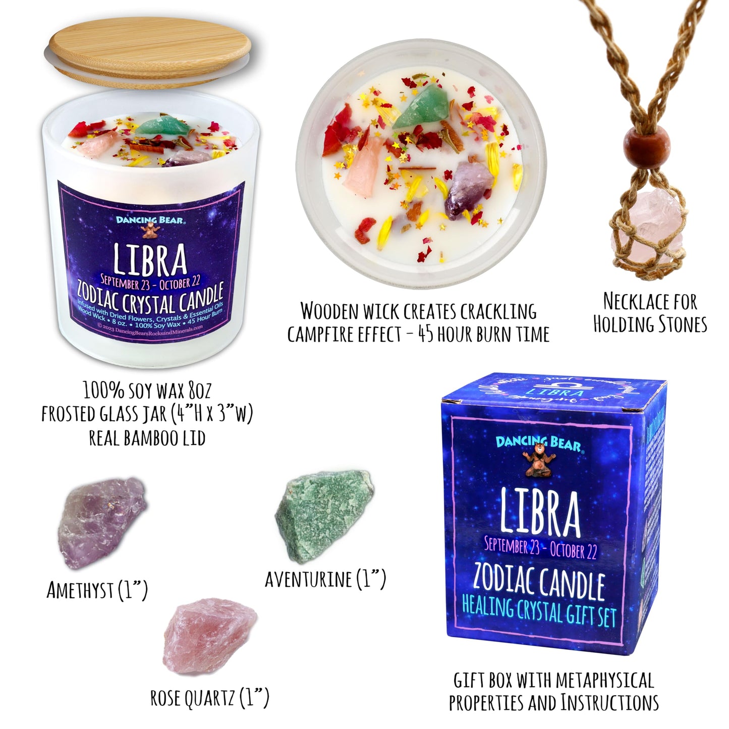 DANCING BEAR Libra Zodiac Candle Gift Box – 3 Crystals, 45h Burn, Soy Wax