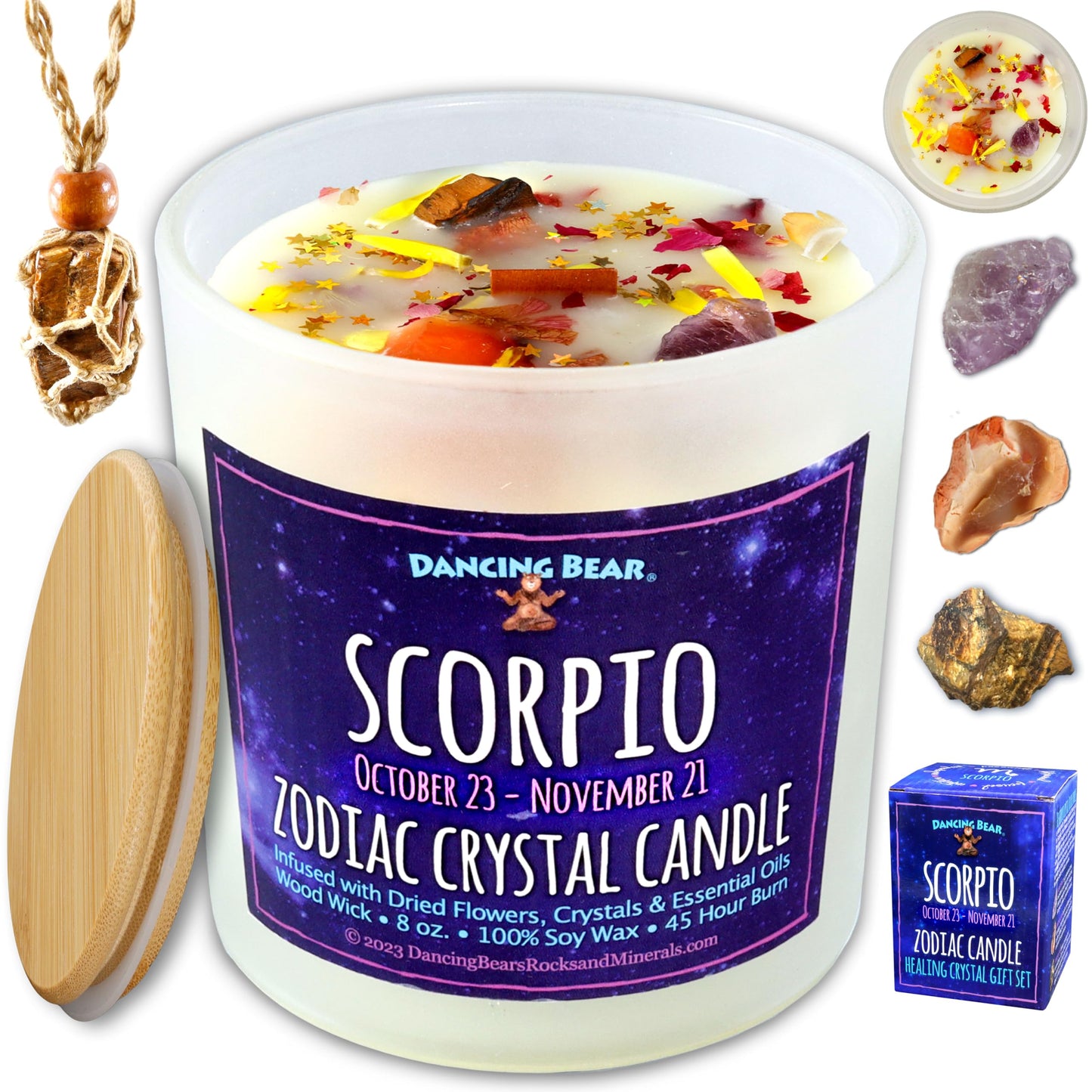 Dancing Bear Scorpio Zodiac Candle Gift Box Set – 45h Soy Wax, Wood Wick