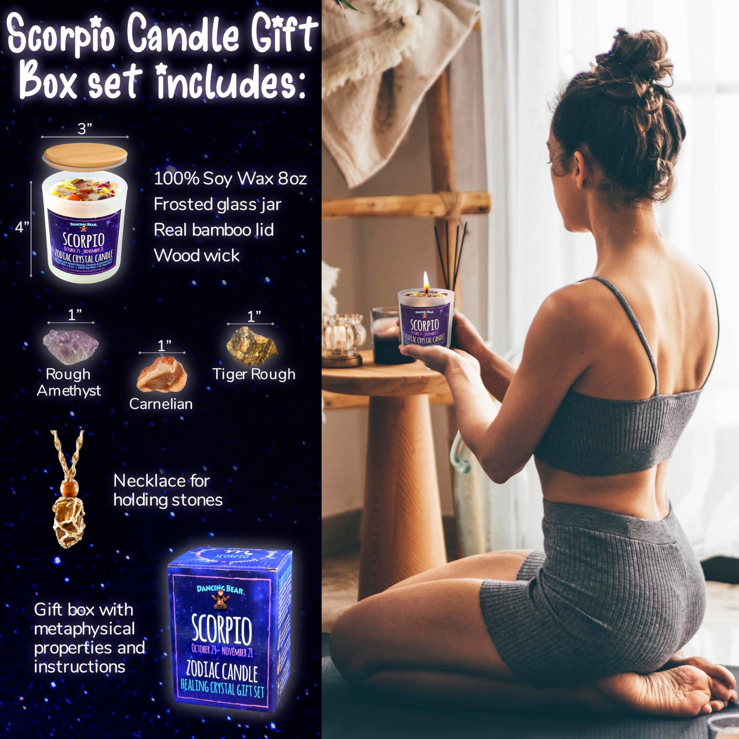 Dancing Bear Scorpio Zodiac Candle Gift Box Set – 45h Soy Wax, Wood Wick