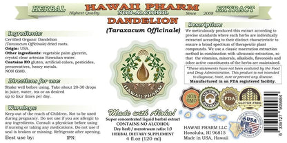 Dandelion Alcohol-Free Liquid Extract – Organic Taraxacum Officinale Glycerite, 2 oz | Hawaii Pharm