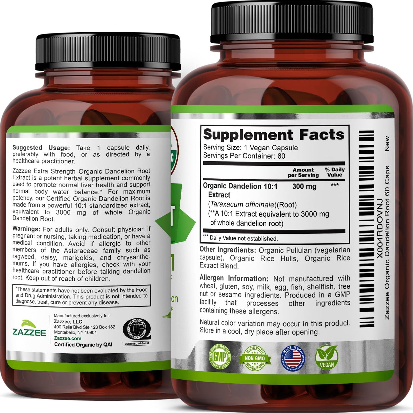 Zazzee Organic Dandelion Root 10:1 Extract - 3000 mg, 60 Capsules, 2-Month Supply
