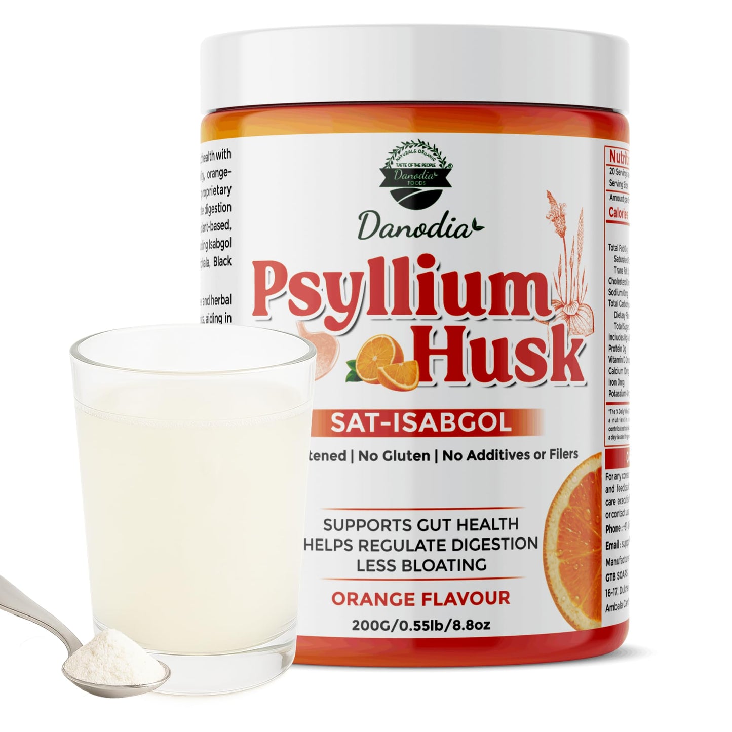 Danodia Foods Organic Psyllium Husk Powder – Mild Orange Flavor (200g) | Gluten-Free Fiber Supplement